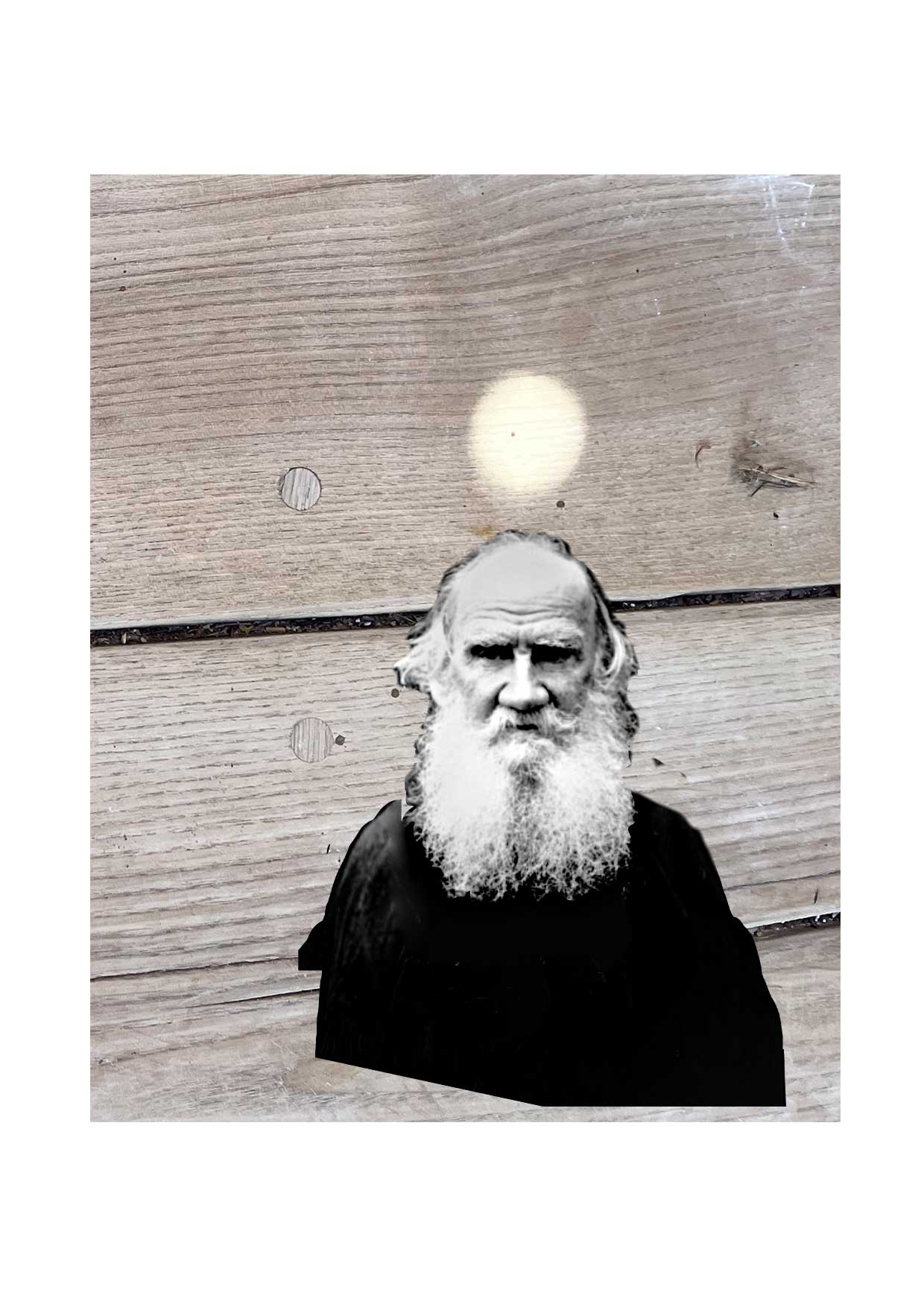 Portrait von Tolstoi vor Hoslzfussboden der Roten Kugel, Collage © Maike Krause